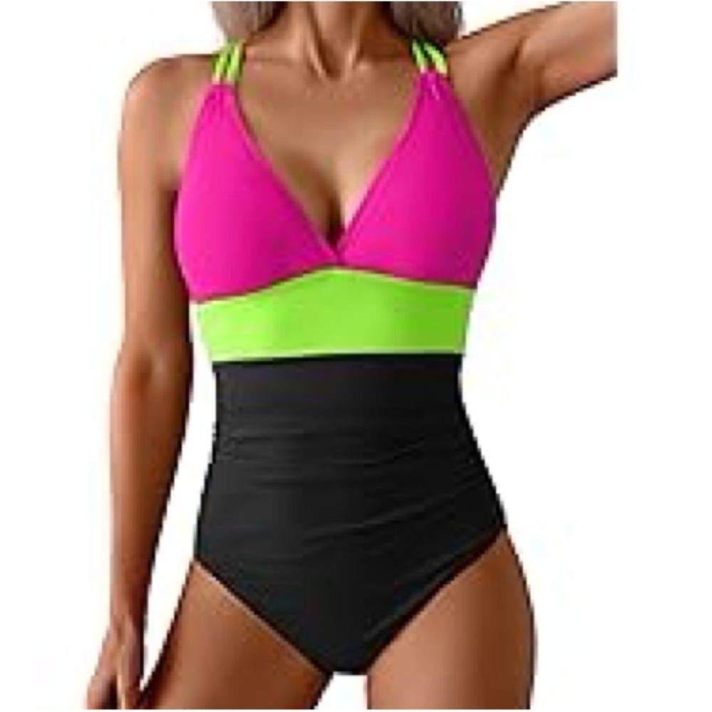 Aidonger OnePiece Swimsuit Sz M Colorblock Pink/Lime/Black Beach Resort Wear